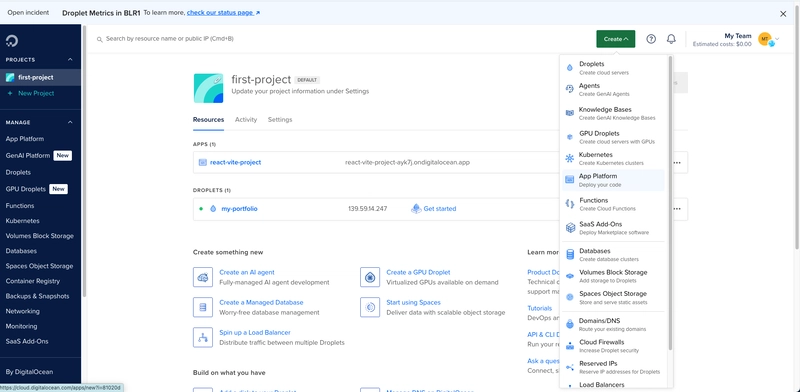 Create Project DigitalOcean Screenshot